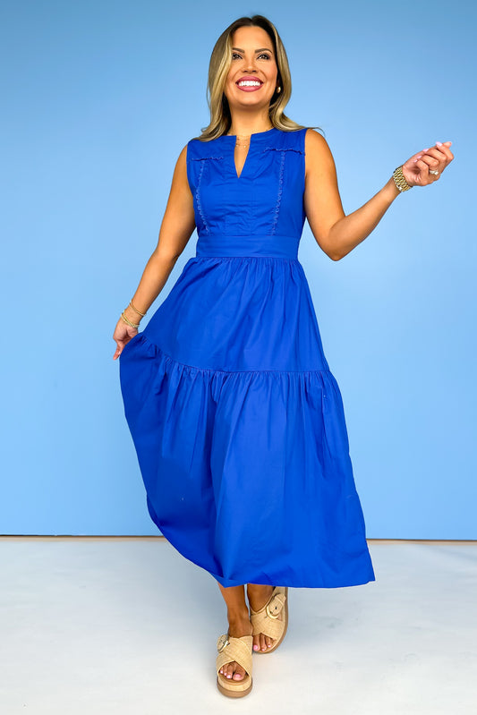 Blue V Neck Lace Trimmed Bodice Midi Dress