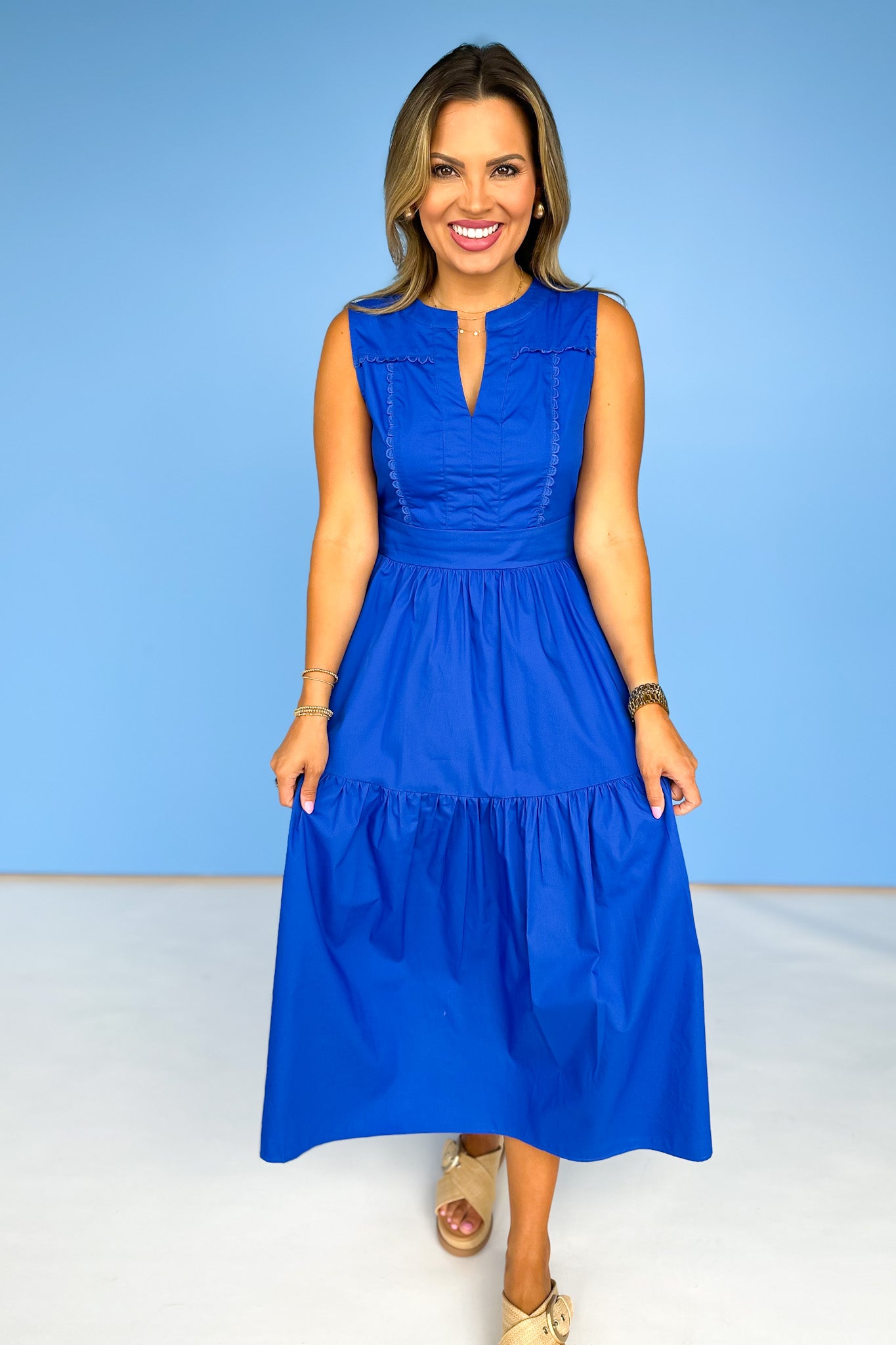 Blue V Neck Lace Trimmed Bodice Midi Dress
