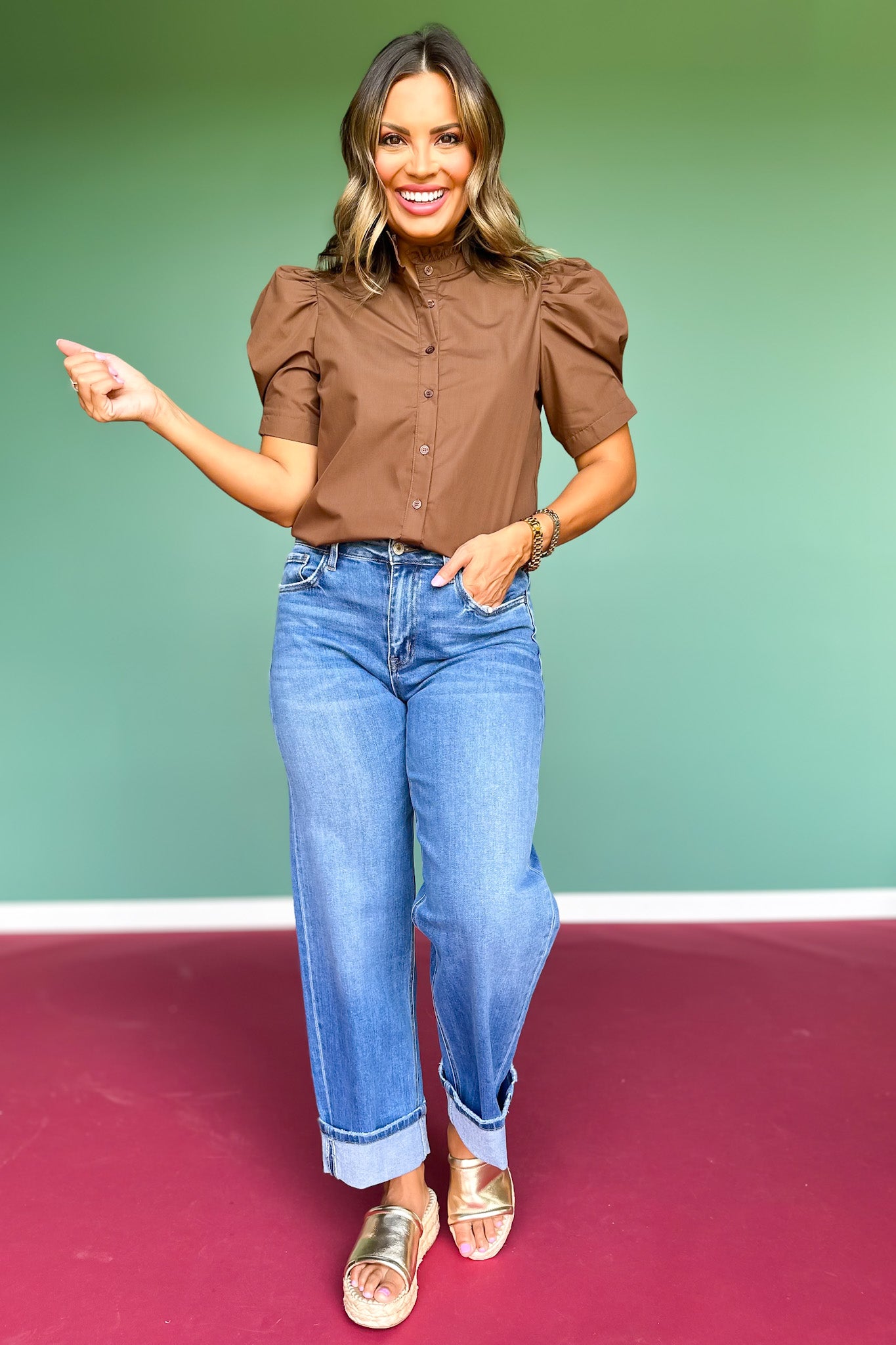 Brown Button Front Short Puff Sleeve Top *FINAL SALE*