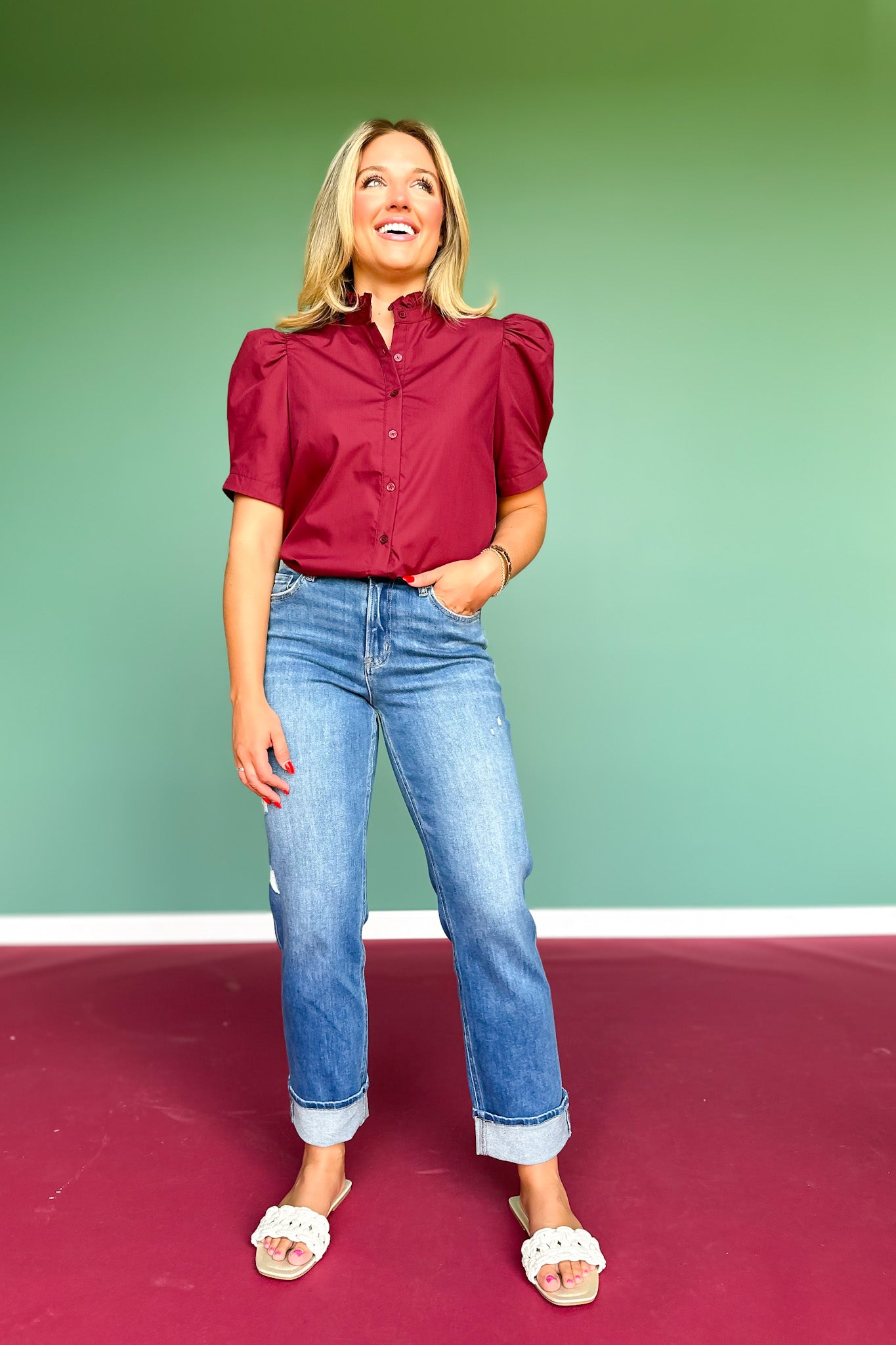 Burgundy Button Front Short Puff Sleeve Top *FINAL SALE*