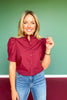 Burgundy Button Front Short Puff Sleeve Top *FINAL SALE*