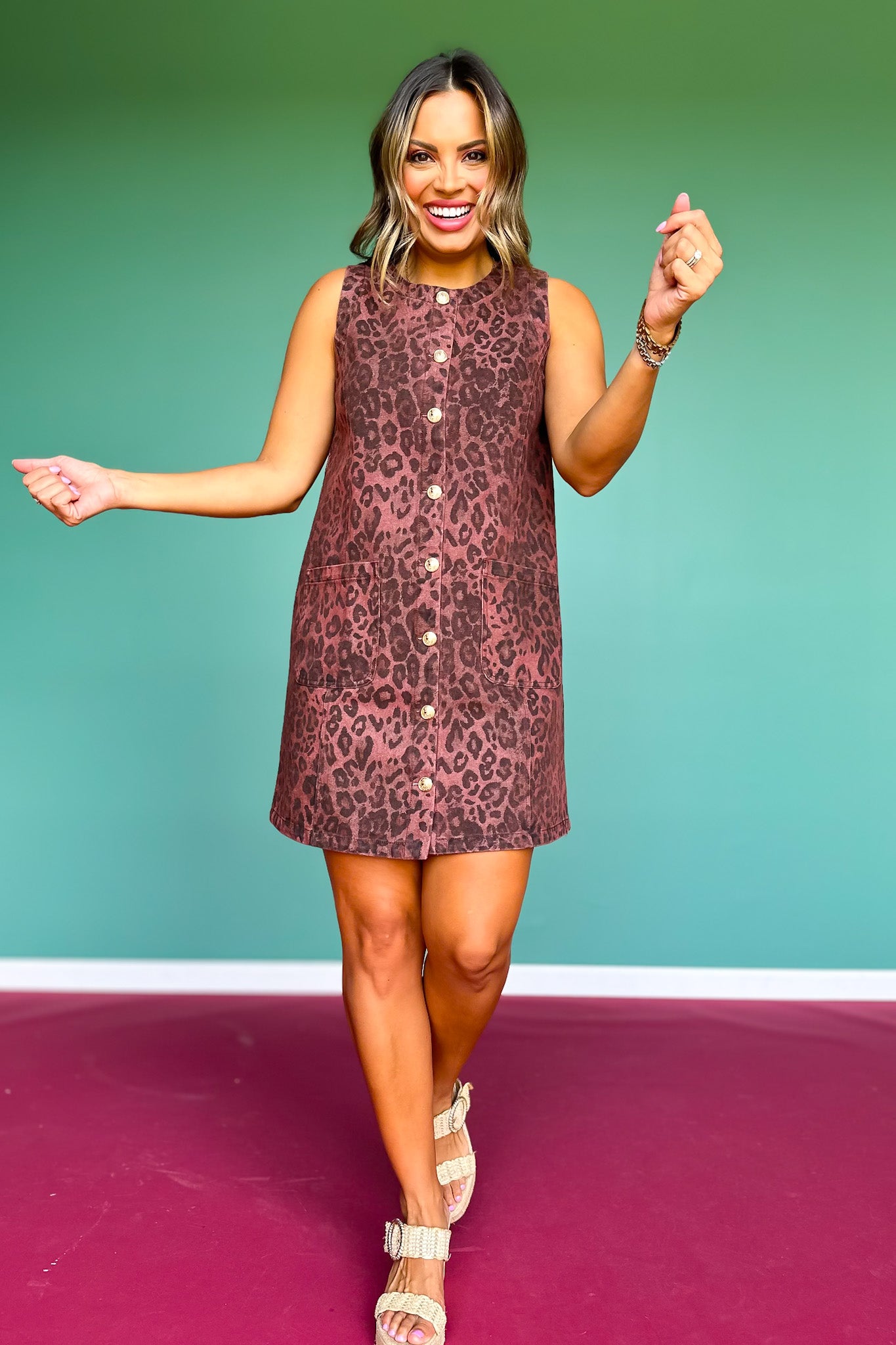 Brown Animal Print Gold Button Down Dress
