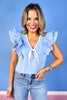 Blue V Neck Bow Detail Multi Ruffle Shoulder Top, bow detail, elevated, unique, spring, summer, ssys by mallory fitzsimmons