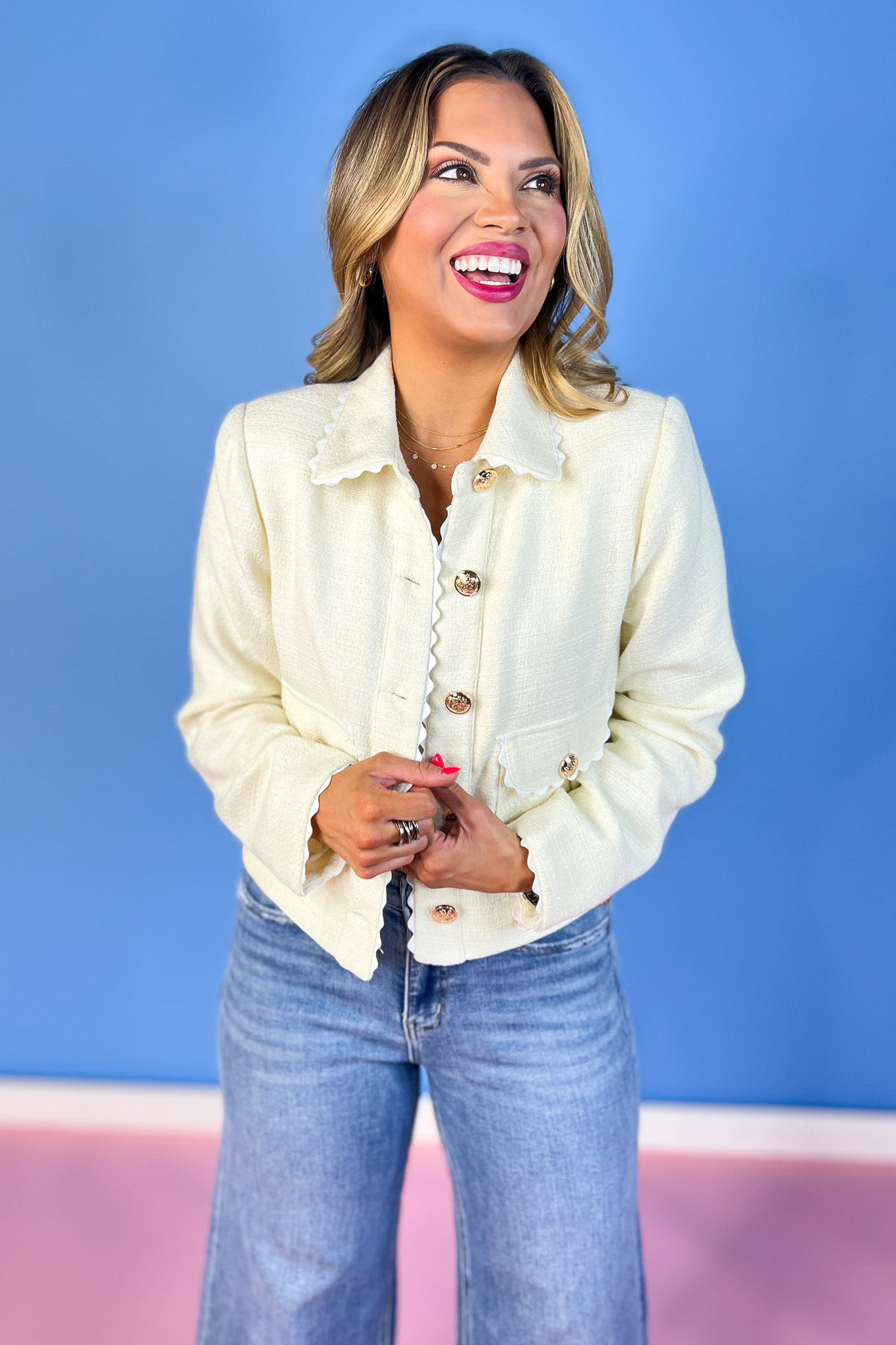 White Tweed Scallop Trim Button Front Jacket, collared, pocket details, layering piece, unique, ssys by mallory fitzsimmons