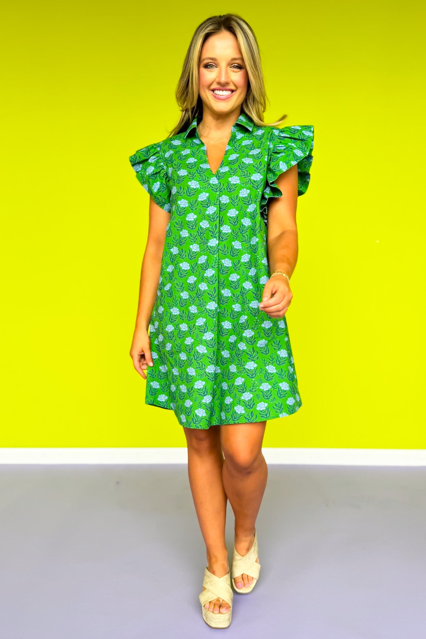 SSYS Josie Ruffle Shoulder Poplin Dress In Green Gardenia