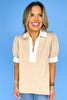 Beige Contrast Band V Neck Collar Short Sleeve Top