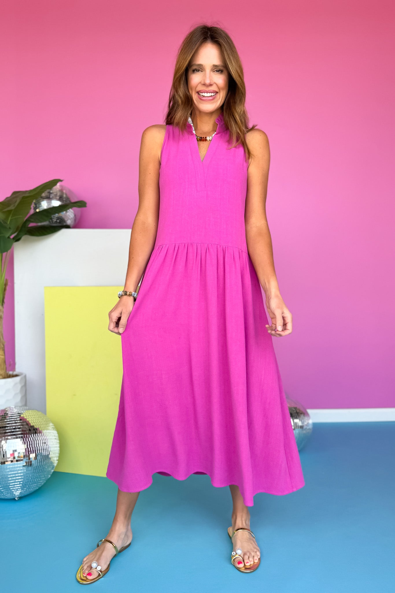 SSYS Helen Frill Neck Drop Waist Linen Maxi Dress In Orchid, summer dress, ssys the label exclusive, easy to wear, mom style, high heat, ssys by mallory fitzsimmons