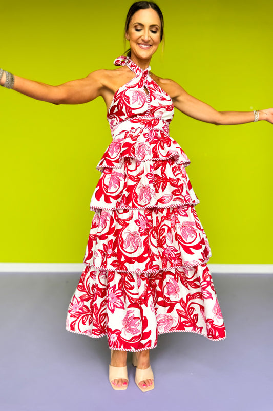 Red Paisley Print Tiered Halter Tie Midi Dress