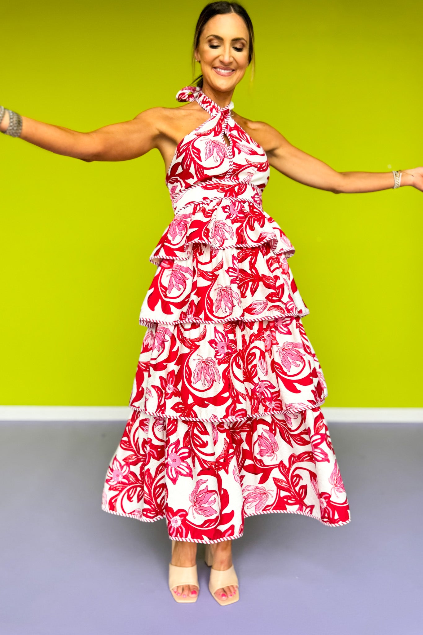 Red Paisley Print Tiered Halter Tie Midi Dress