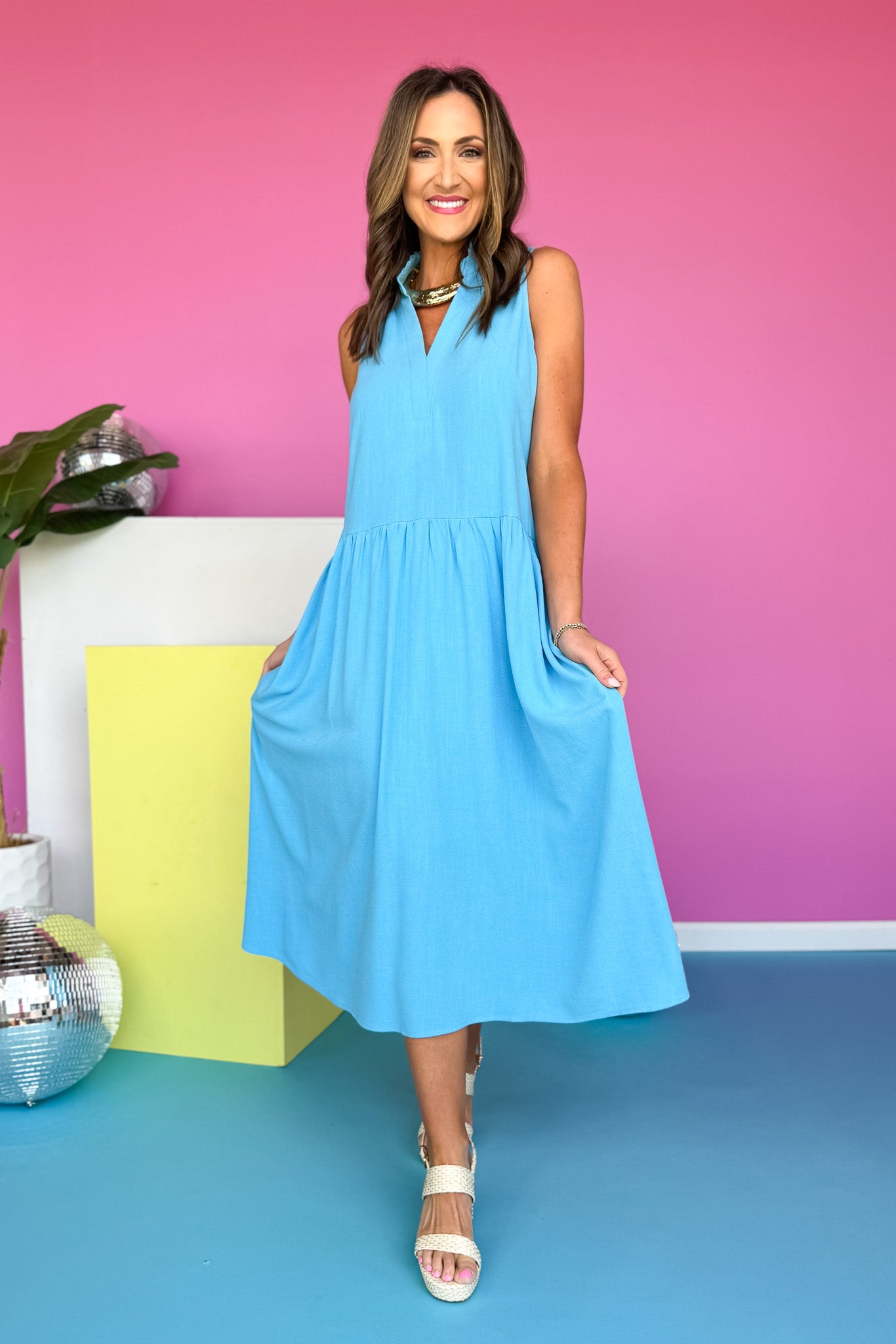 SSYS Helen Frill Neck Drop Waist Linen Maxi Dress In Blue, summer dress, ssys the label exclusive, easy to wear, mom style, high heat, ssys by mallory fitzsimmons
