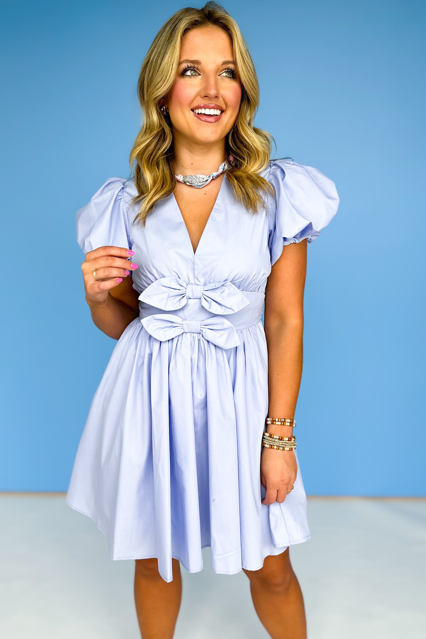 Blue V Neck Puff Sleeve Bow Detail Dress