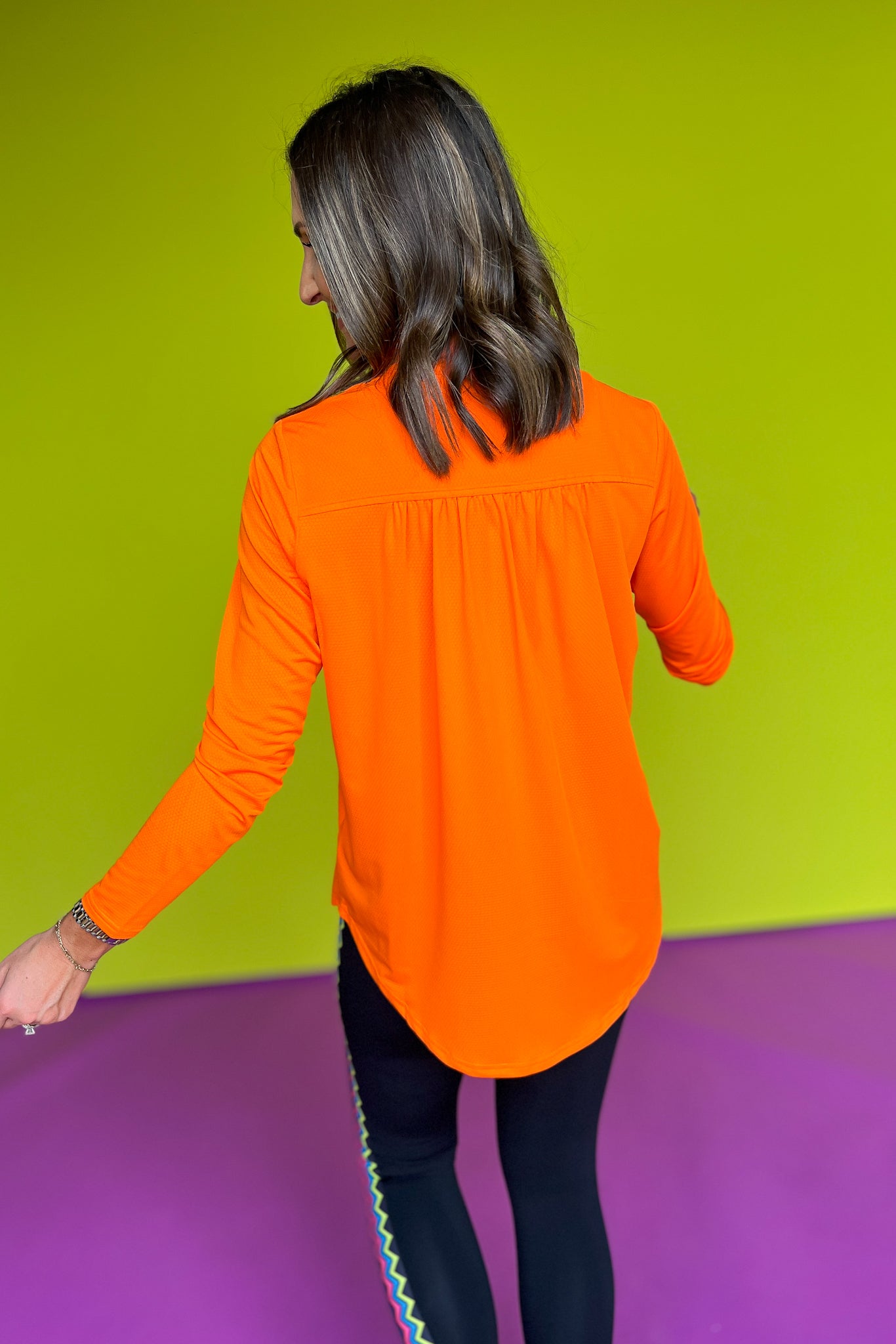 SSYS Neon Orange 1/2 Zip Long Sleeve Active Top, SSYS the label, SSYS active op, must have 1/2 zip, ruffle detail top, perfect long sleeve top, must have top, elevated style basics, elevated basics, chic style athlesiure, chic athlesiure, SSYS by mallory fitzsimmons