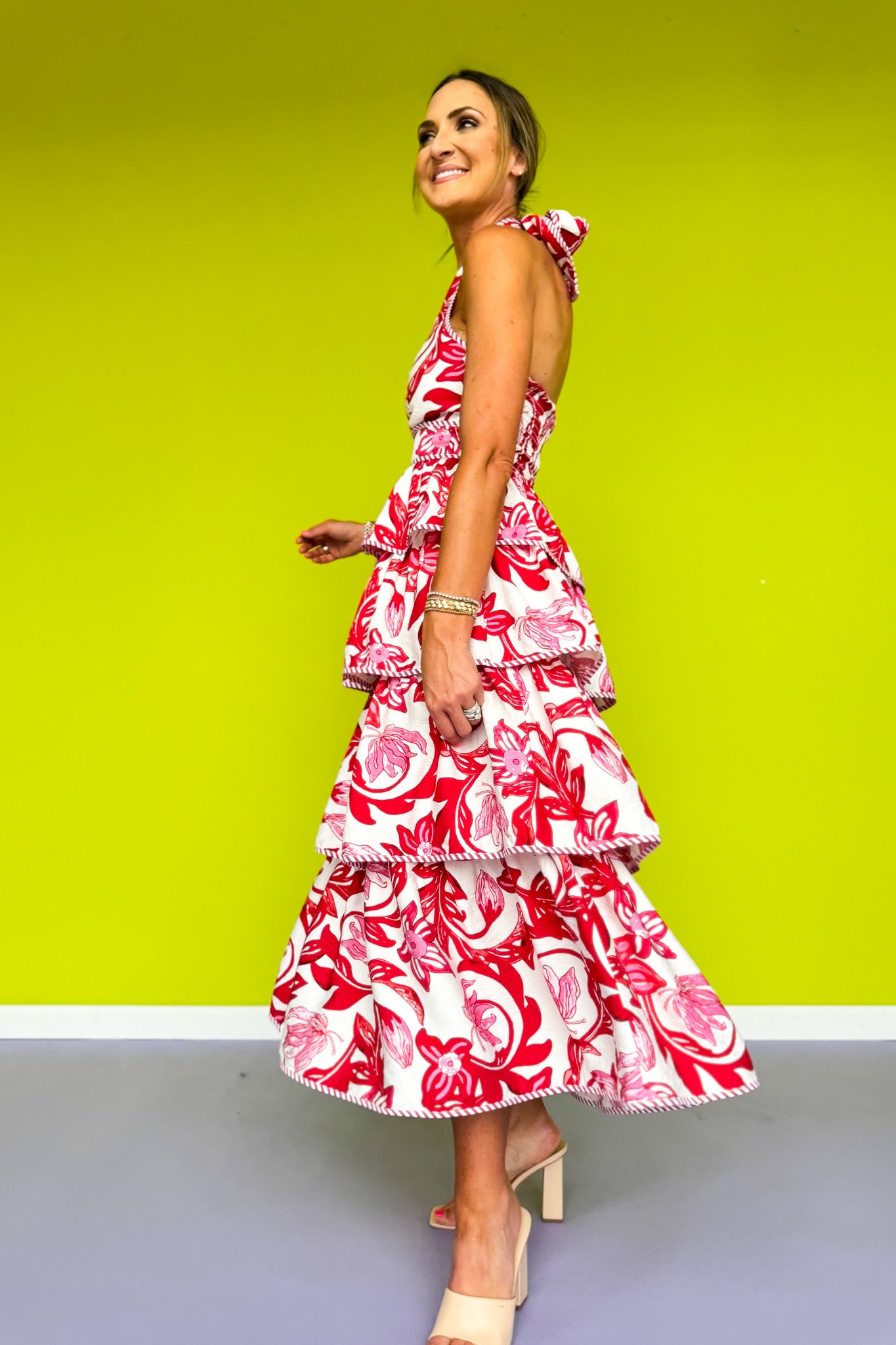 Red Paisley Print Tiered Halter Tie Midi Dress