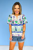 Royal Blue Floral Abstract V Neck Short Sleeve Top *FINAL SALE*