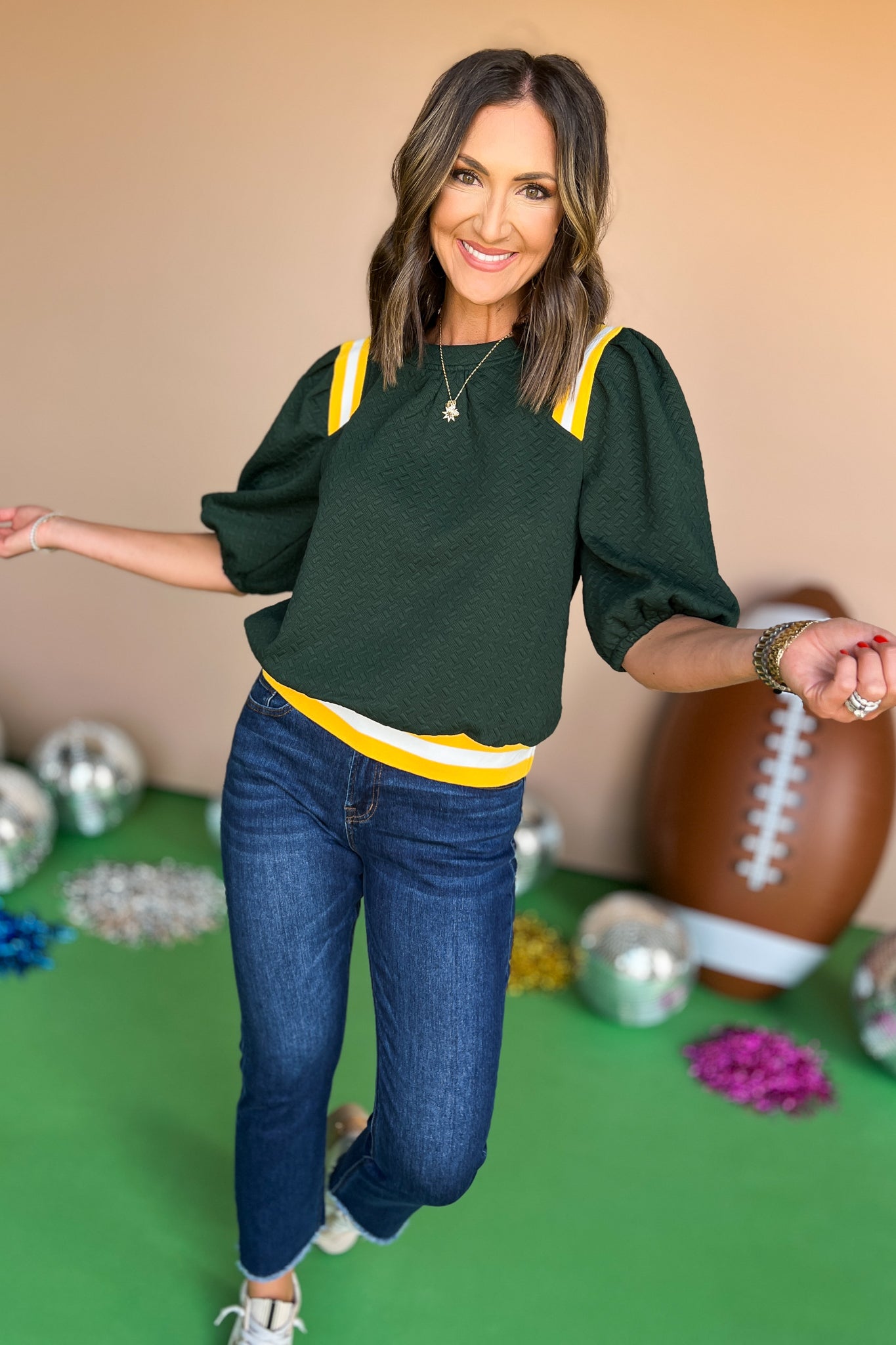 Green Contrast Stripe Elastic Band Textured Knit Top, must have top, must have style, fall style, fall fashion, elevated style, elevated top, mom style, shop style your senses by mallory fitzsimmons, ssys by mallory fitzsimmons