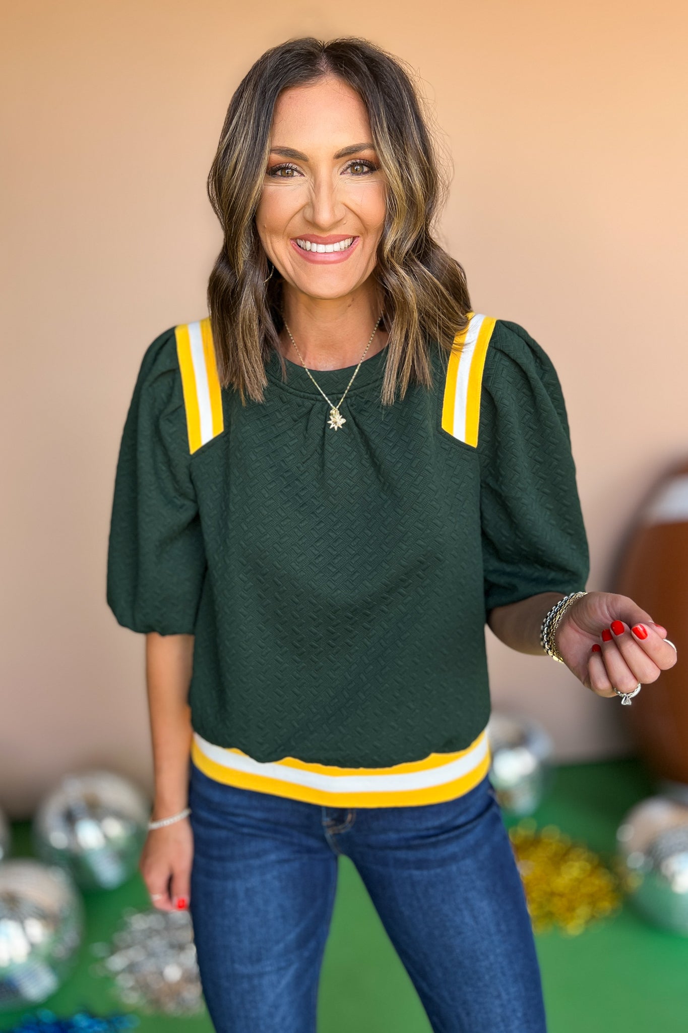 Green Contrast Stripe Elastic Band Textured Knit Top, must have top, must have style, fall style, fall fashion, elevated style, elevated top, mom style, shop style your senses by mallory fitzsimmons, ssys by mallory fitzsimmons