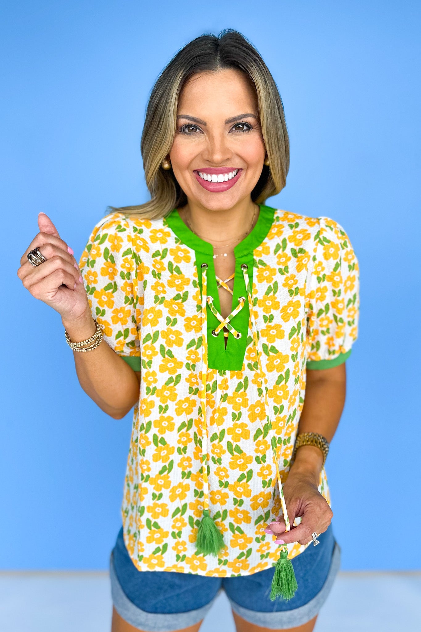 Yellow Floral Print Cross Knot Short Sleeve Top