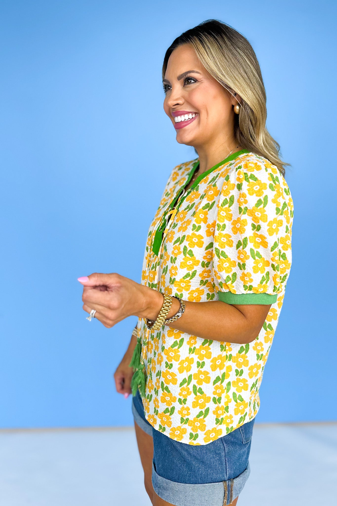 Yellow Floral Print Cross Knot Short Sleeve Top