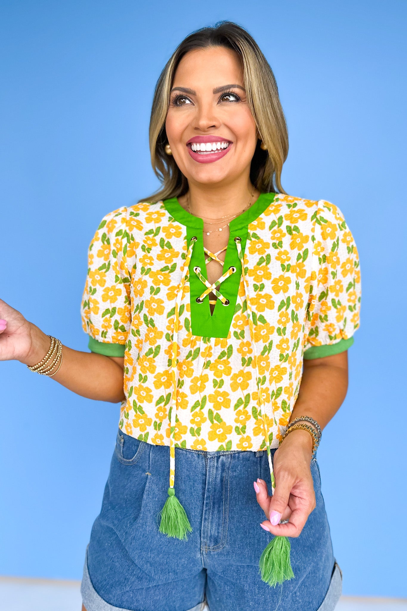 Yellow Floral Print Cross Knot Short Sleeve Top