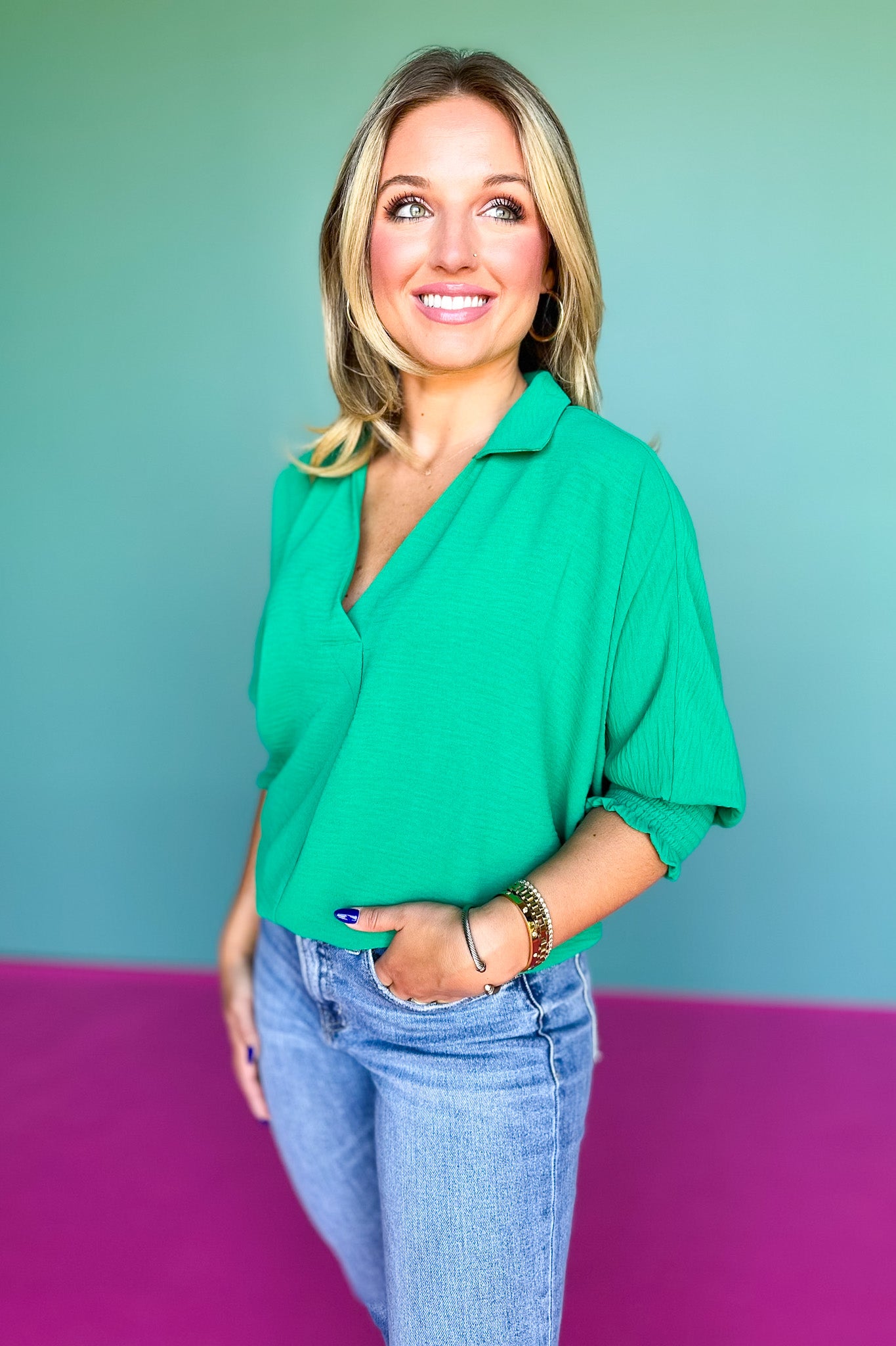 Kelly Green Collared Smocked Sleeve Band Top *FINAL SALE*