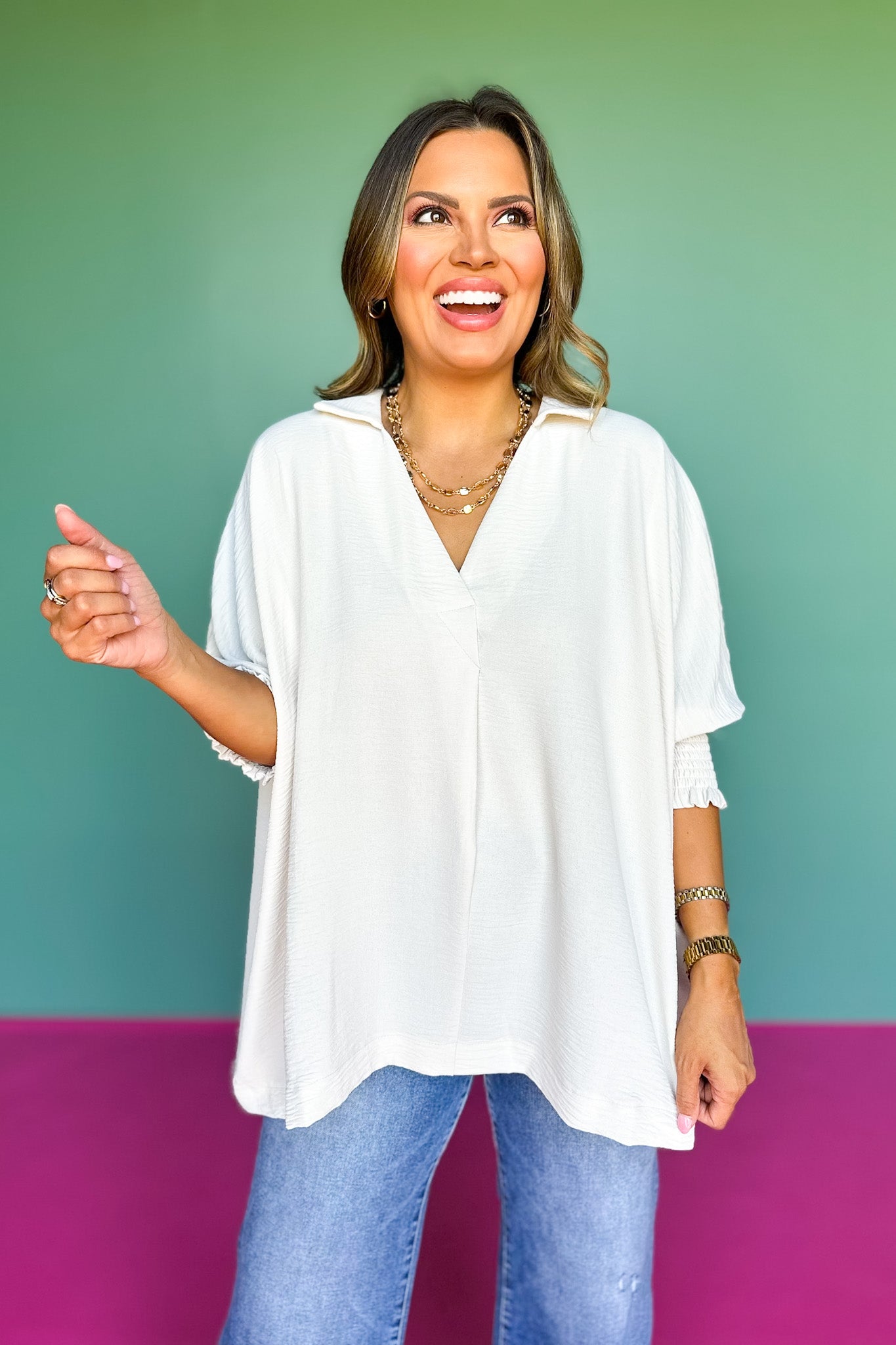 Beige Collared Smocked Sleeve Band Top *FINAL SALE*