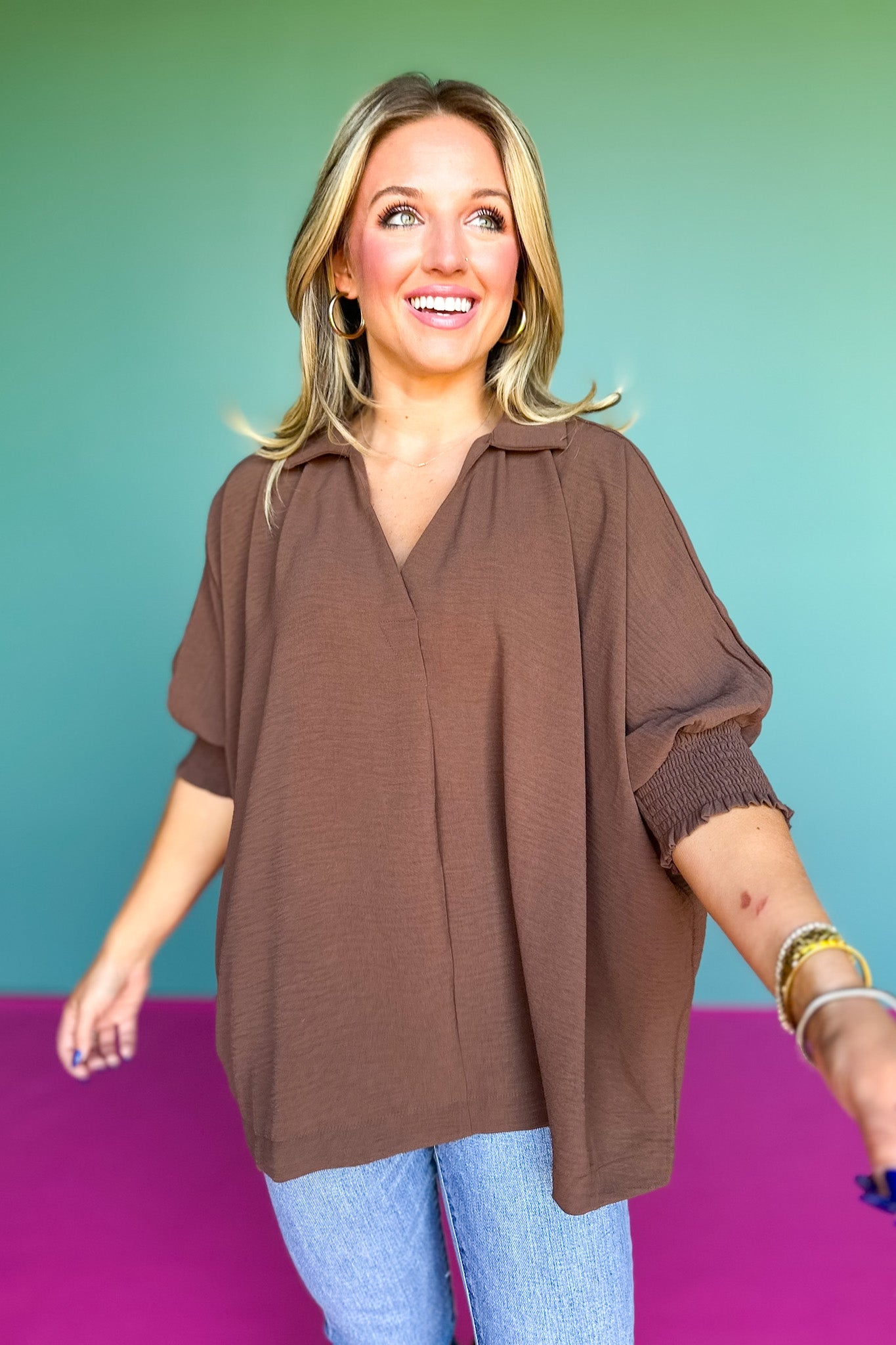 Brown Collared Smocked Sleeve Band Top *FINAL SALE*