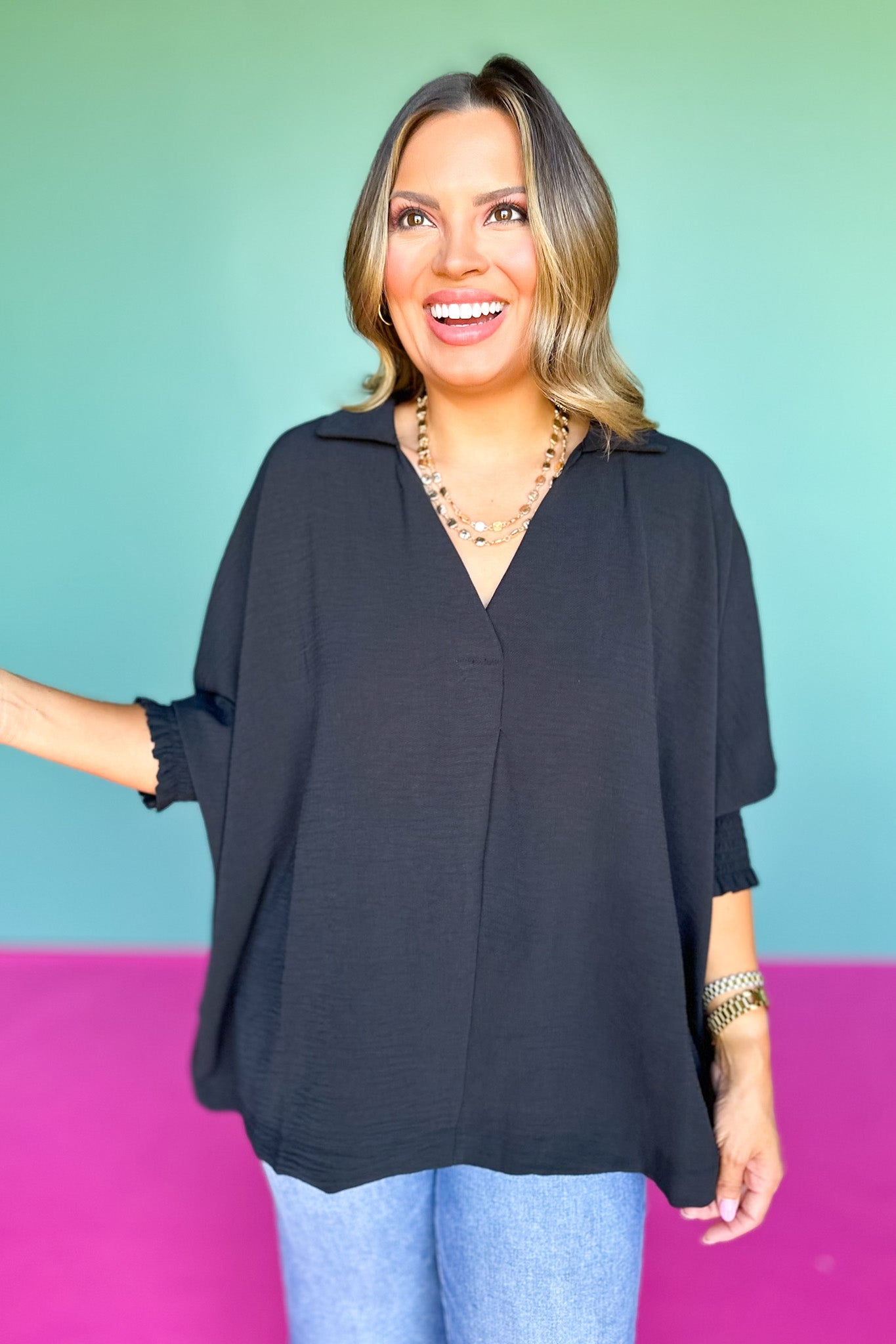 Black Collared Smocked Sleeve Band Top *FINAL SALE*