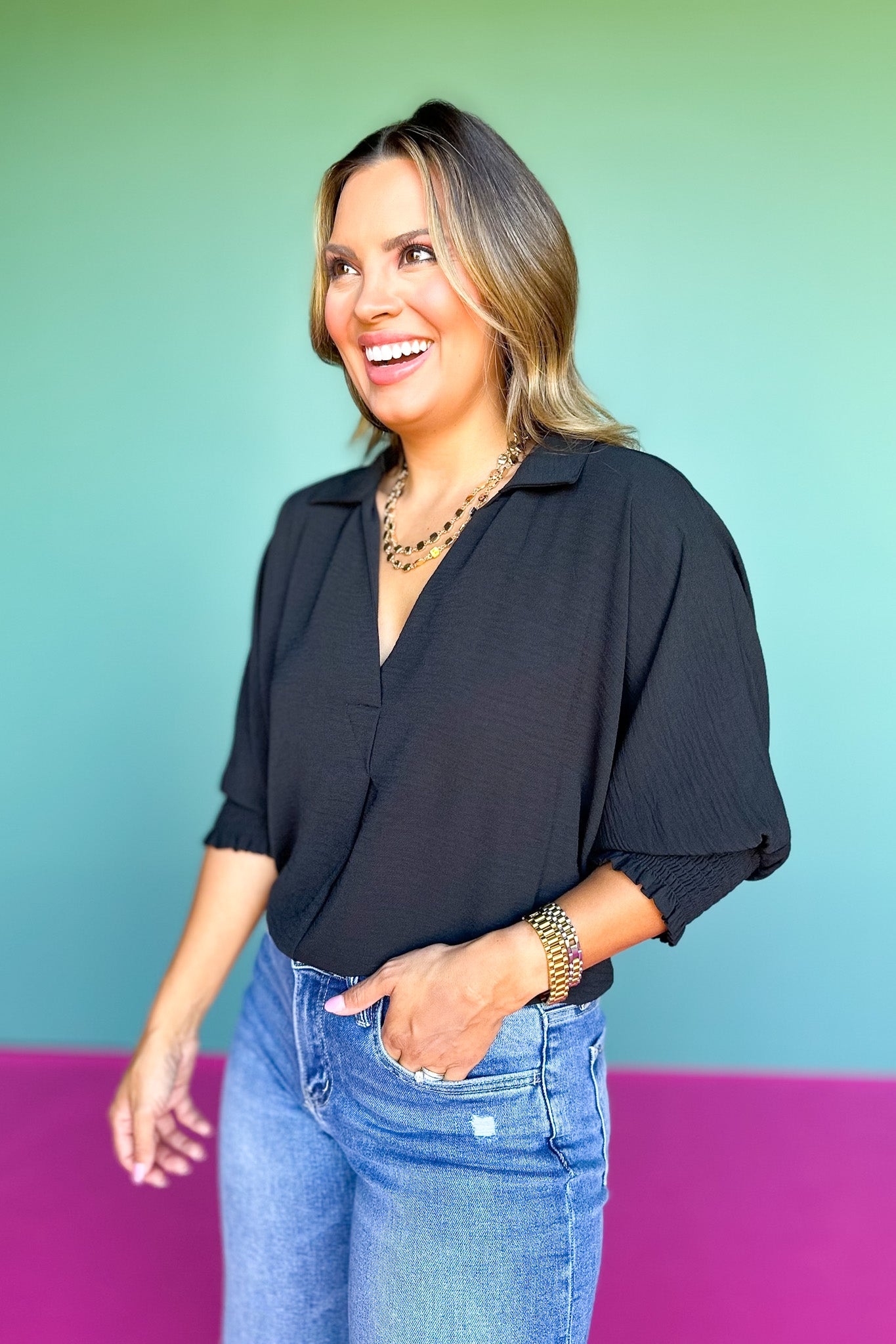 Black Collared Smocked Sleeve Band Top *FINAL SALE*