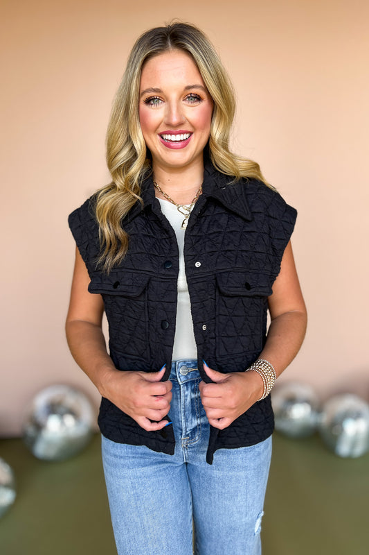 Black Quilted Collared Front Pocket Top, vest top, chic top, trendy top, must have top, must have style, fall style, fall fashion, elevated style, elevated top, mom style, shop style your senses by mallory fitzsimmons, ssys by mallory fitzsimmons