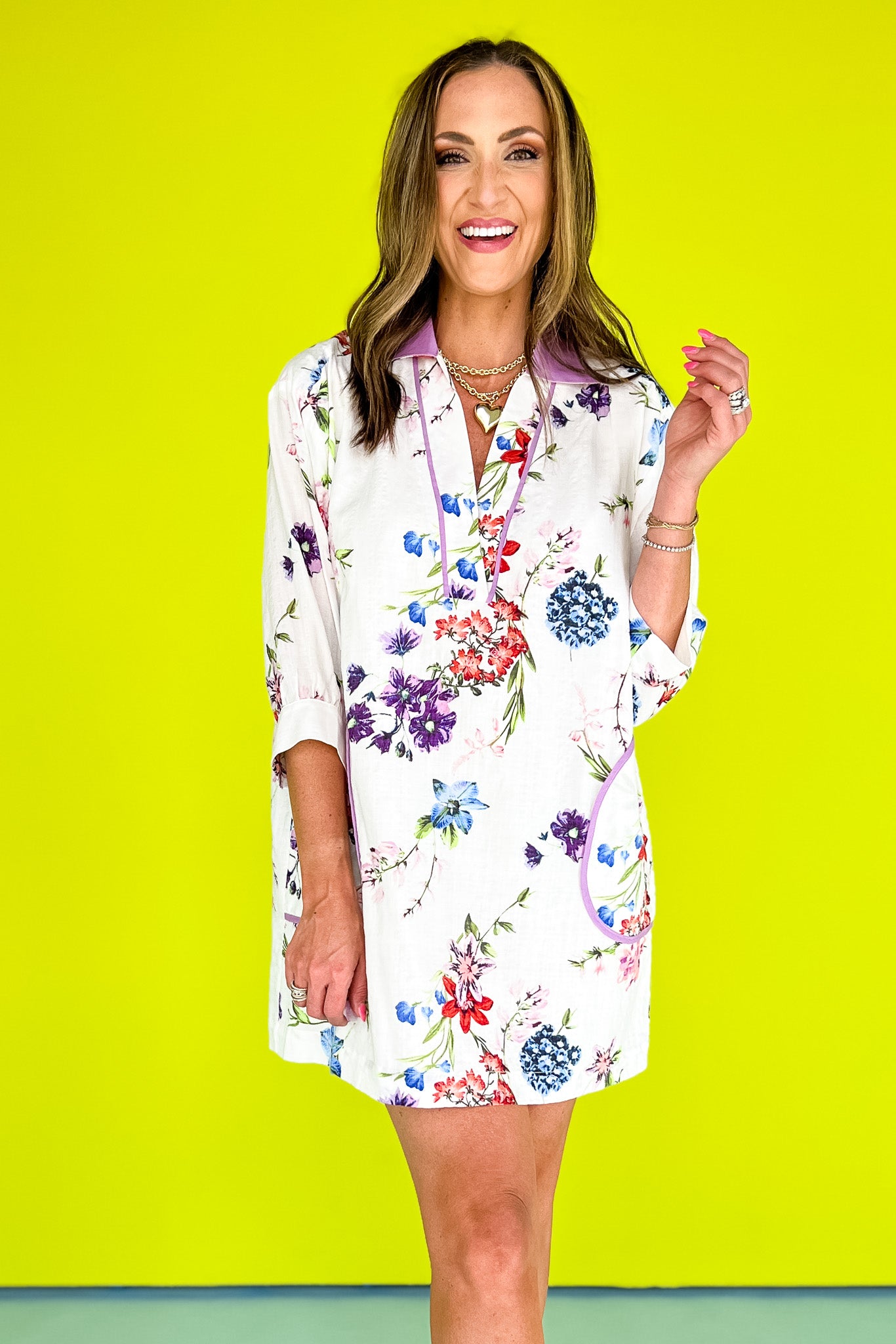 White Multi Floral Contrast Trim Split Neck Dress