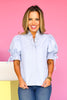 Blue Ruffle V Neck Button Front Elastic Short Puff Sleeve Top *FINAL SALE*