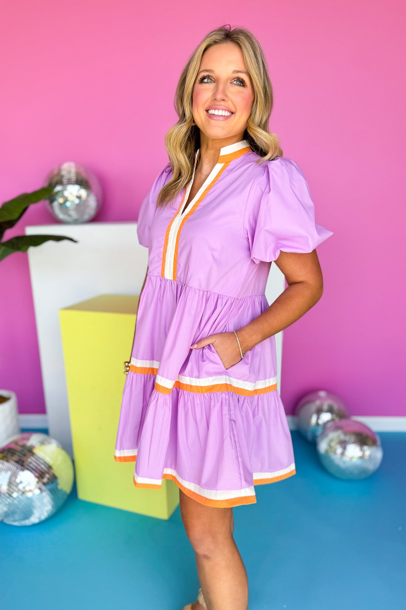 Lilac Contrast Stripe Trim V Neck Puff Sleeve Dress