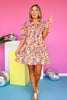 Pink Floral Print Frill V Neck Button Cuff Elbow Sleeve Dress