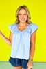 Blue V Neck Ruffled Sleeve Top, ssys by mallory fitzsimmons