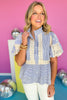 Blue Striped Crochet Detail Front Button Peplum Top