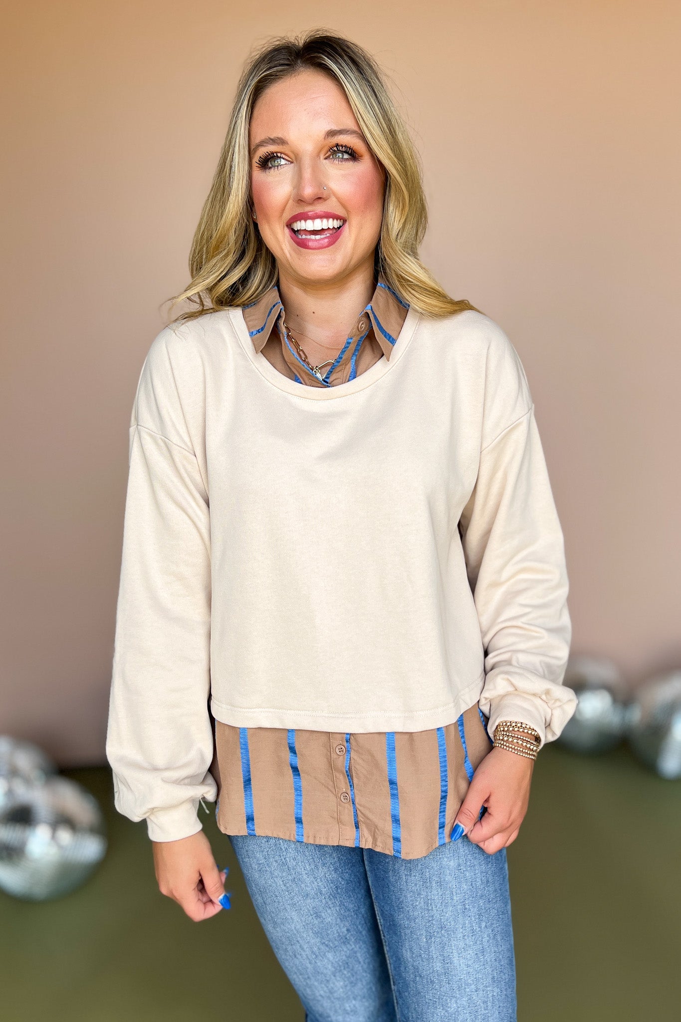 Taupe Stripe Button Down Twofer Sweatshirt Top, twofer top, must have top, must have style, fall style, fall fashion, elevated style, elevated top, mom style, shop style your senses by mallory fitzsimmons, ssys by mallory fitzsimmons