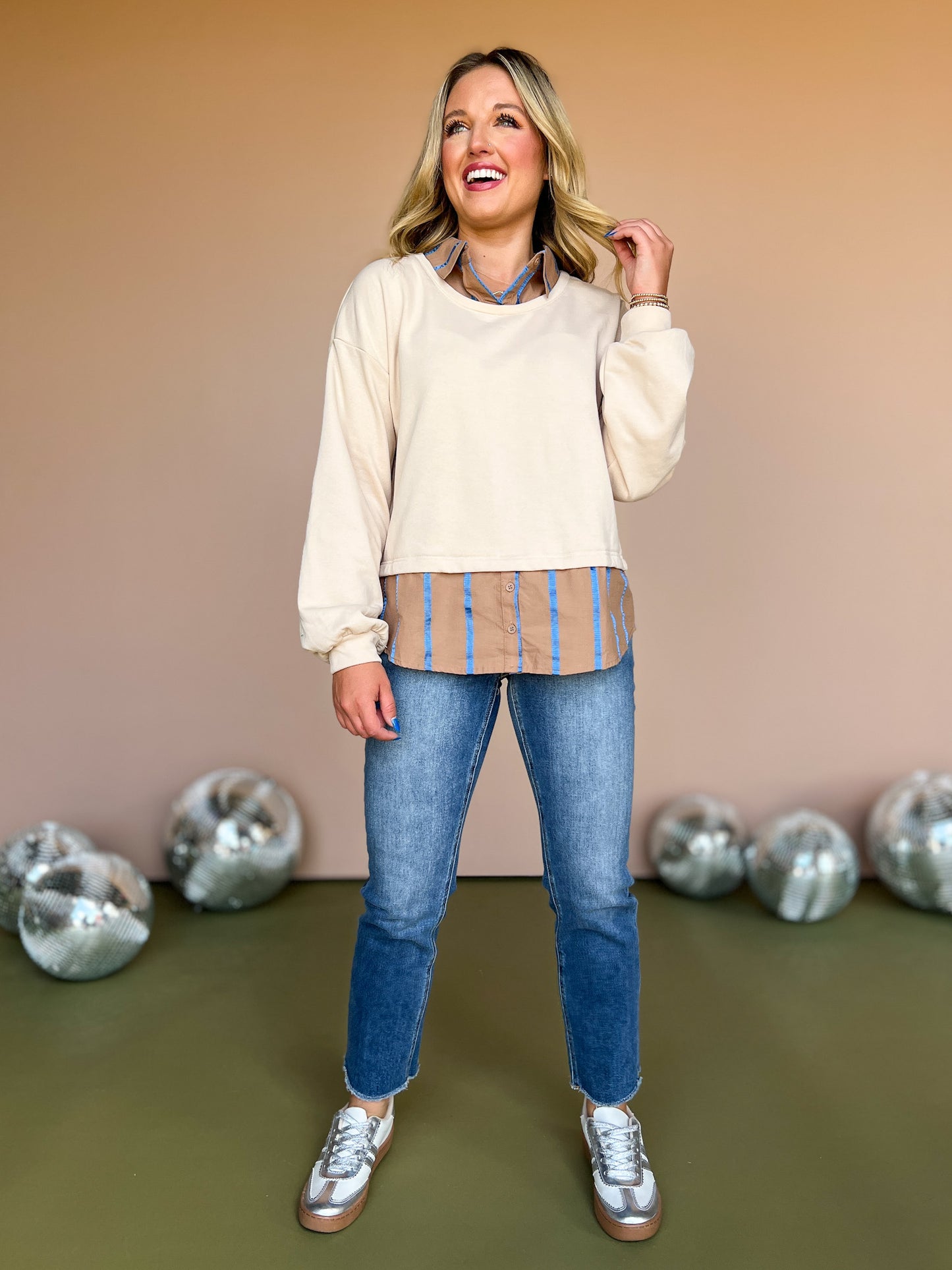 Taupe Stripe Button Down Twofer Sweatshirt Top, twofer top, must have top, must have style, fall style, fall fashion, elevated style, elevated top, mom style, shop style your senses by mallory fitzsimmons, ssys by mallory fitzsimmons