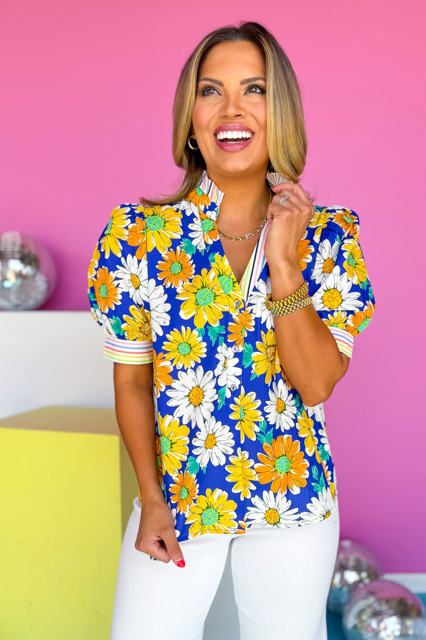 Blue Floral Print Multicolor Stripe Band Accent Top