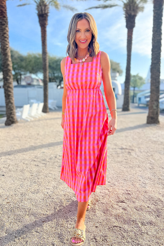 SSYS Jessie Pink and Orange Gingham Fitted Bow Back Maxi Dress