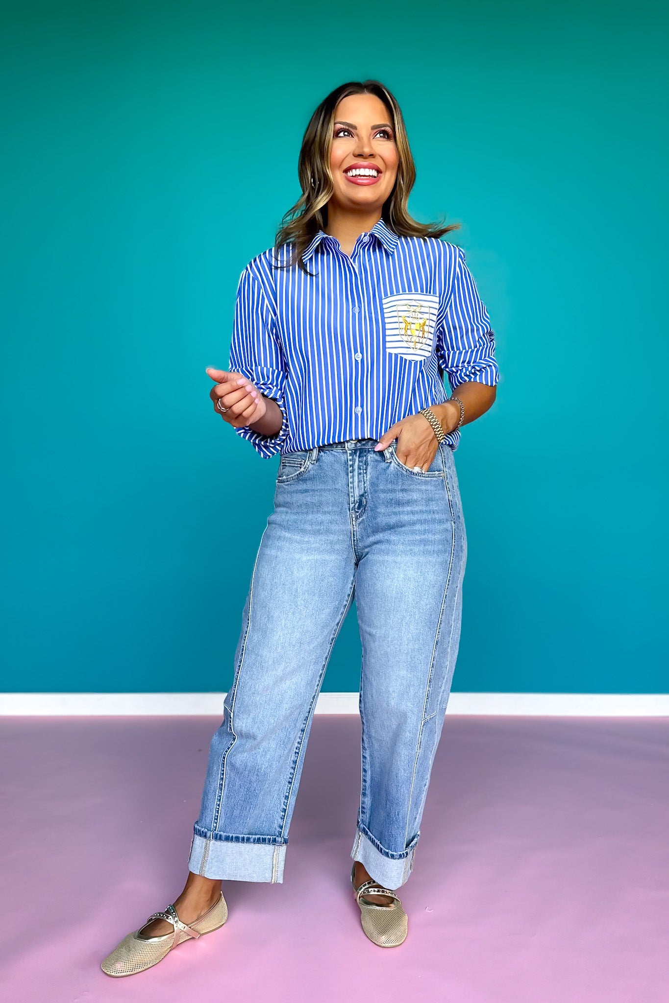 SSYS Collette Poplin Stripe Embroidery Top In Royal