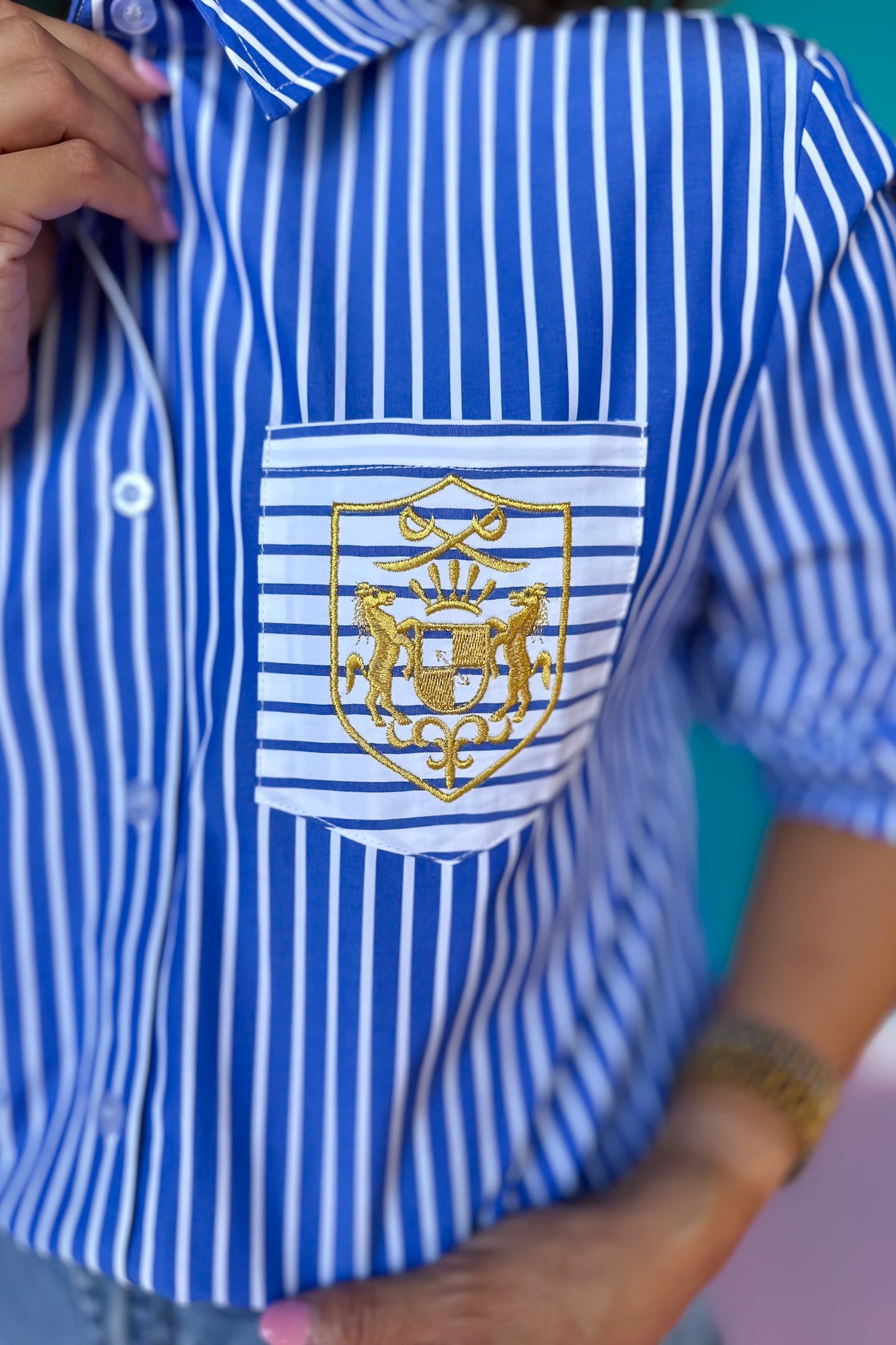 SSYS Collette Poplin Stripe Embroidery Top In Royal