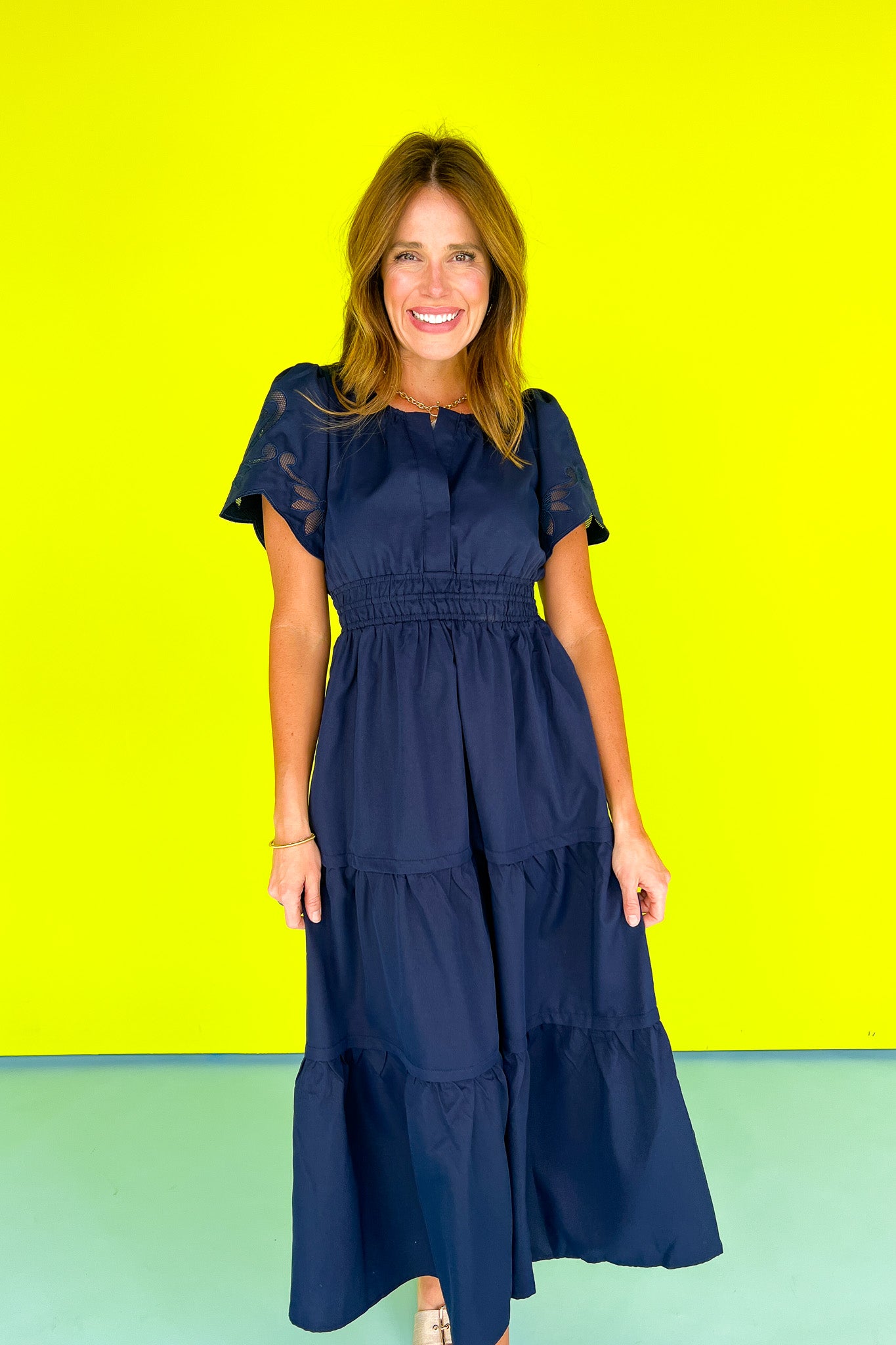 Navy Embroidery Cut Out Sleeve Elastic Waist Tiered Maxi Dress, ssys by mallory fitzsimmons