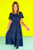 Navy Embroidery Cut Out Sleeve Elastic Waist Tiered Maxi Dress, ssys by mallory fitzsimmons