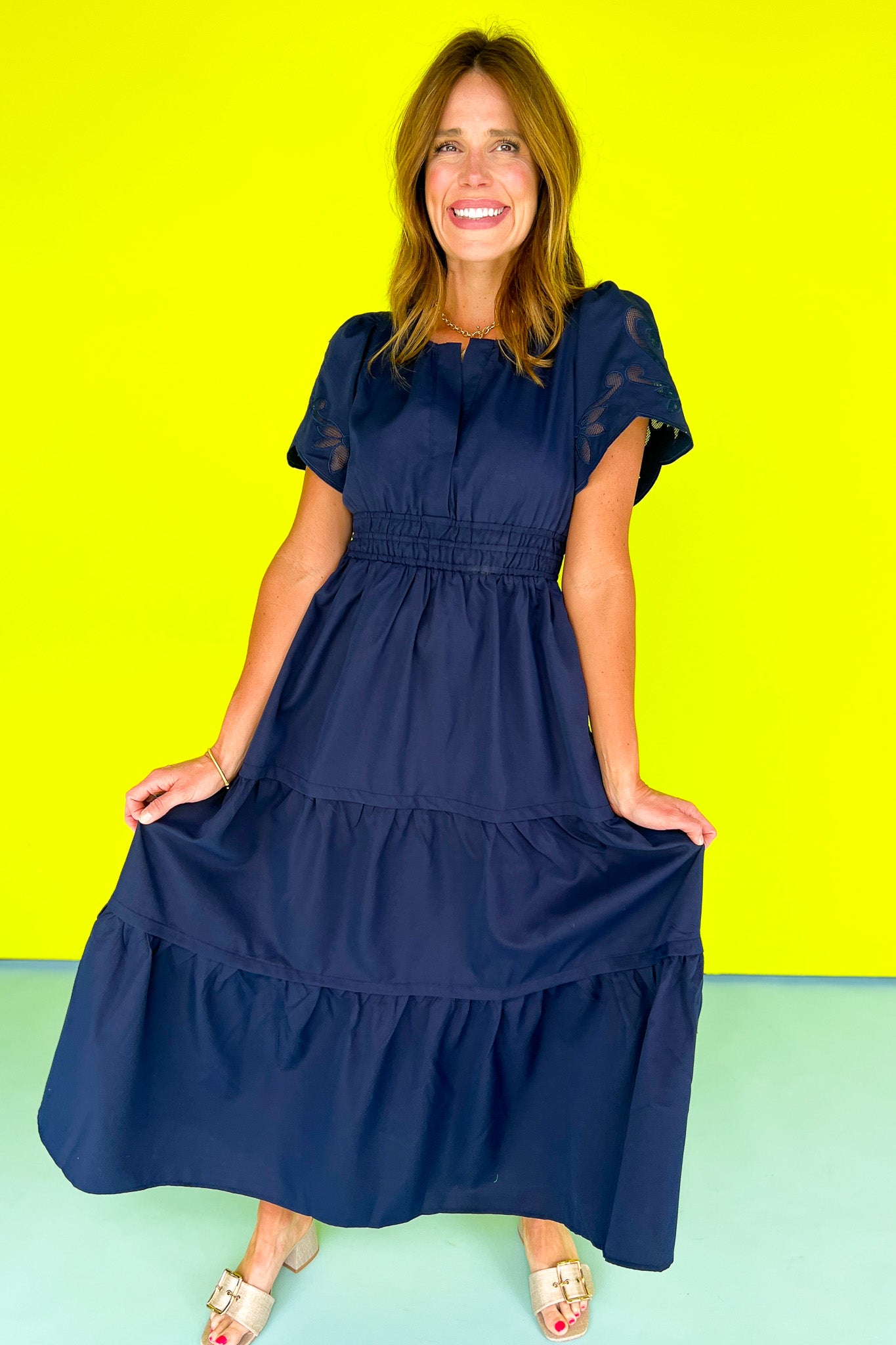 Navy Embroidery Cut Out Sleeve Elastic Waist Tiered Maxi Dress, ssys by mallory fitzsimmons