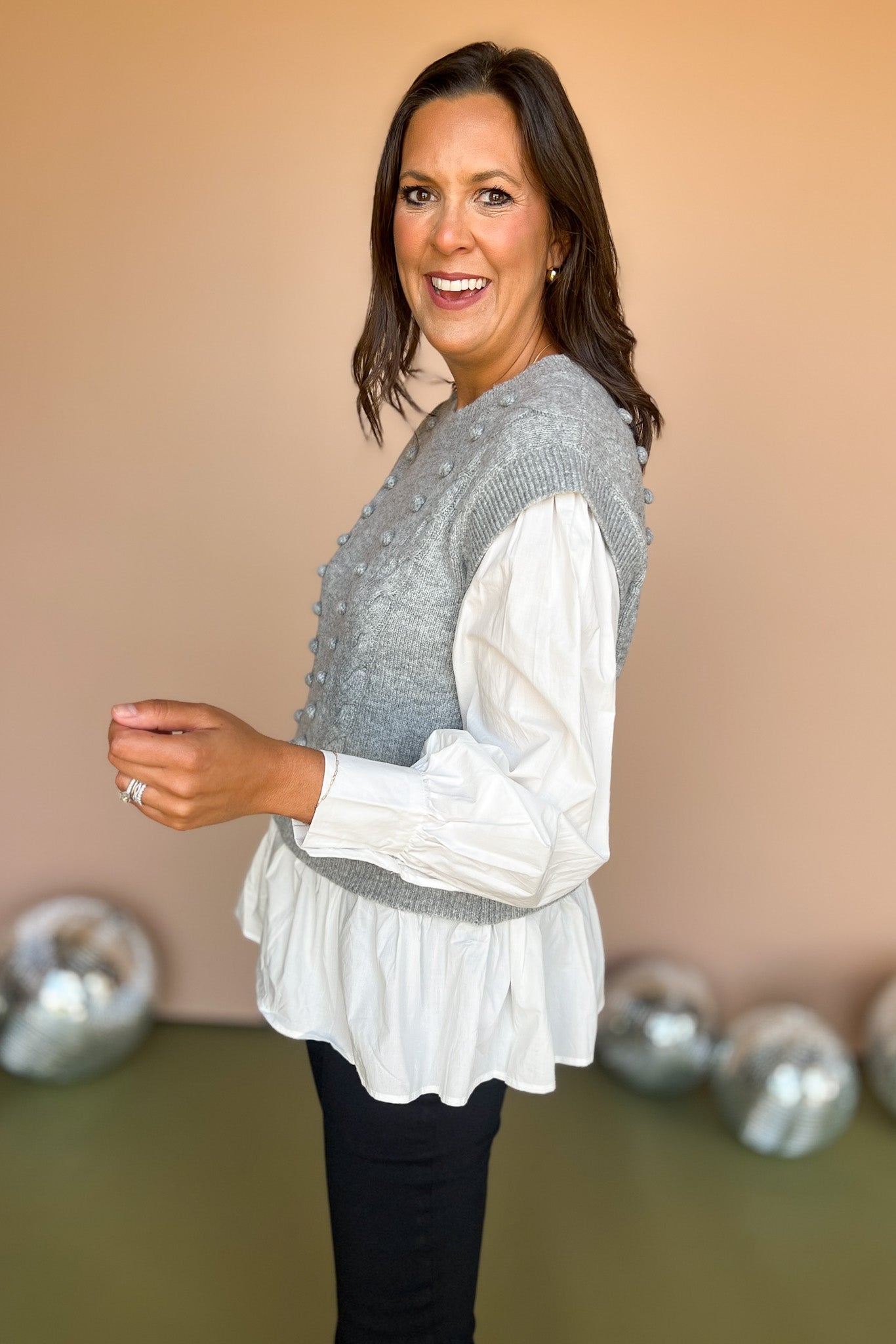 Grey Pom Pom Detail Poplin Twofer Sweater, twofer top, poplin top, must have top, must have style, fall style, fall fashion, elevated style, elevated top, mom style, shop style your senses by mallory fitzsimmons, ssys by mallory fitzsimmons
