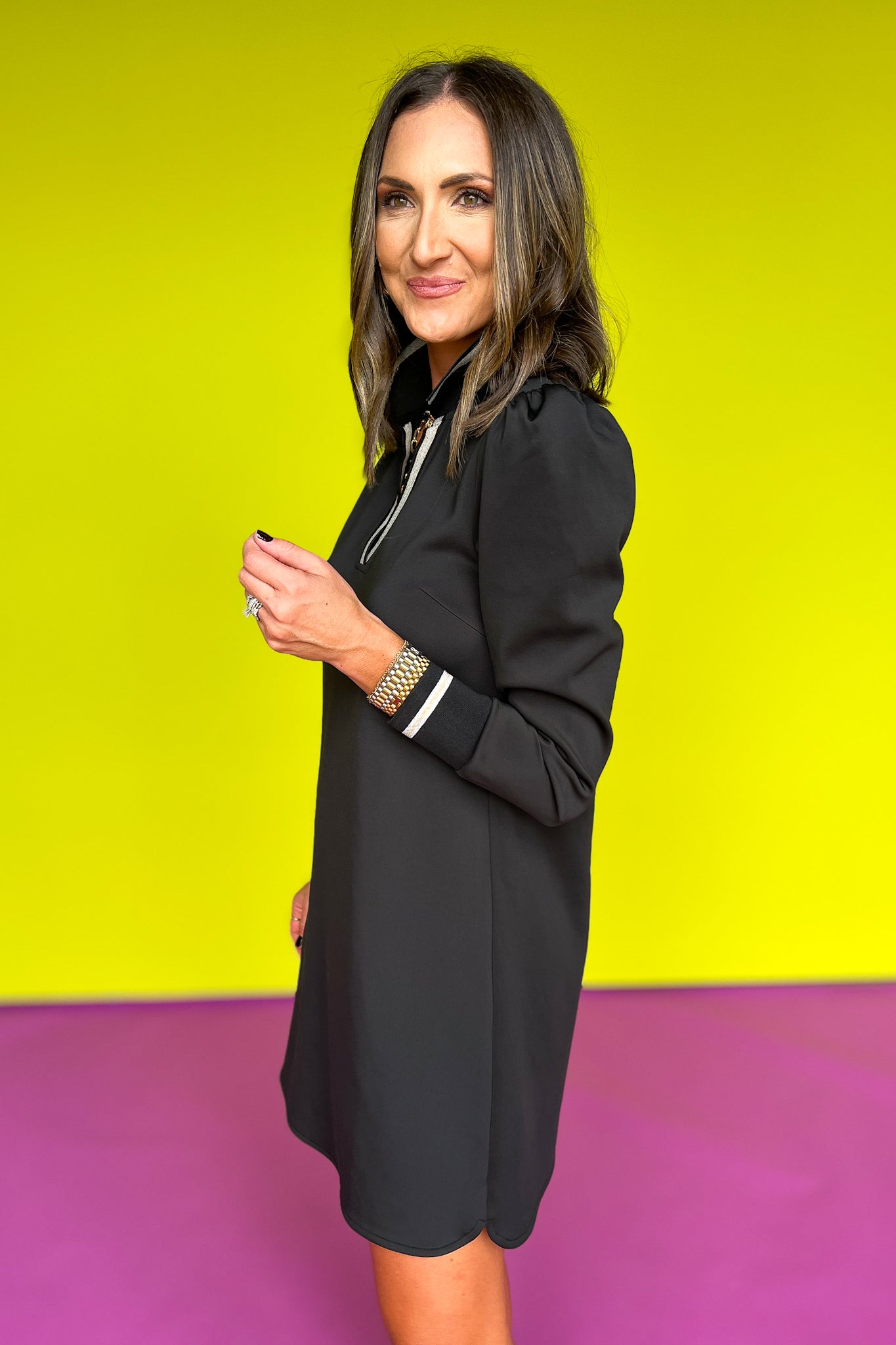 SSYS Black Metallic Trim Scuba Puff Long Sleeve Collared Active Dress, SSYS the label, SSYS athlesiure, SSYS active dress, new active dress, cute active wear, active wear dress, affordable fashion, black ahtletic dress, elevated basics, SSYS by mallory fitzsimmons