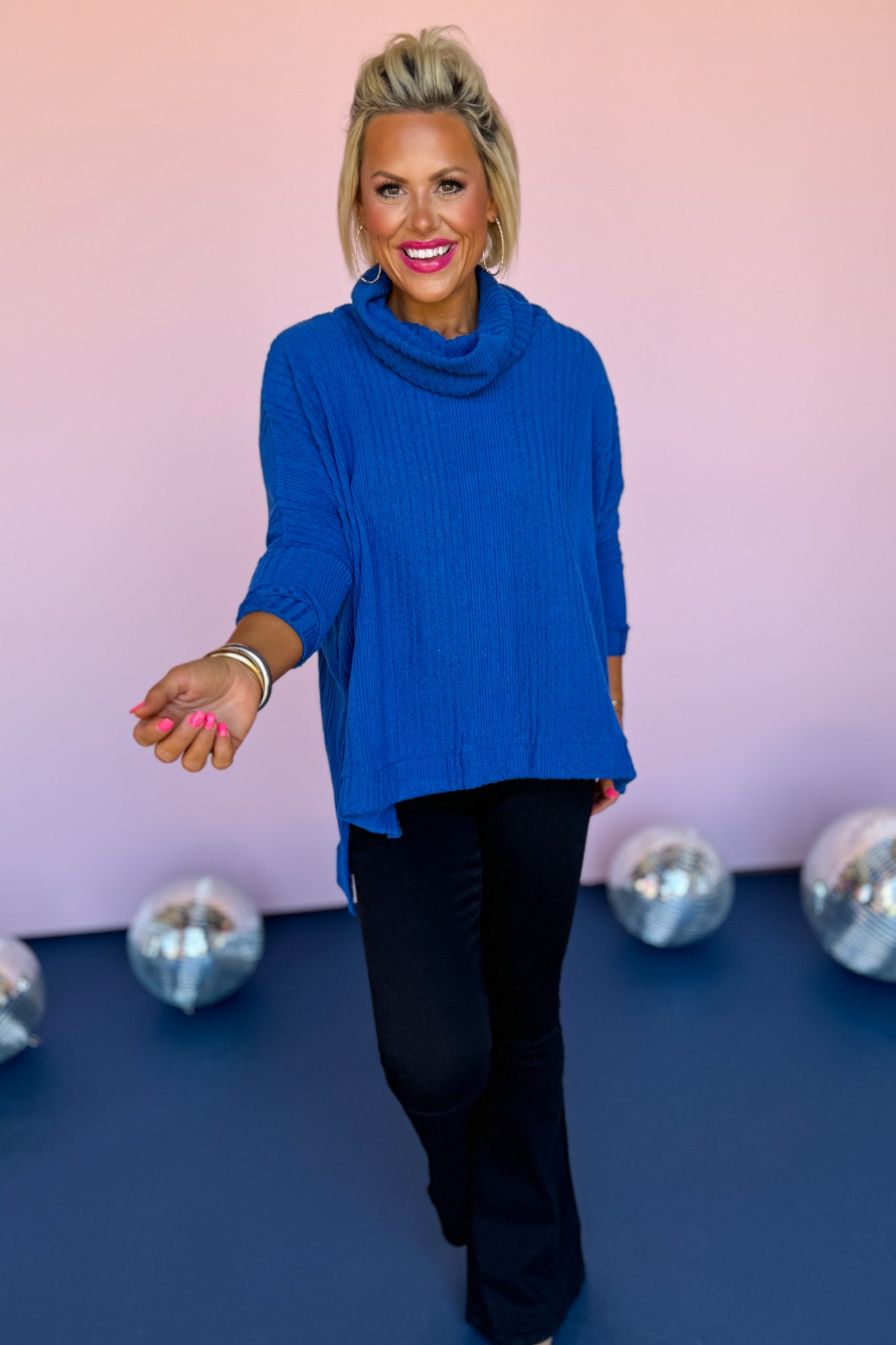 Blue Ribbed Knit Cowl Neck Side Slit High Low Top *FINAL SALE*