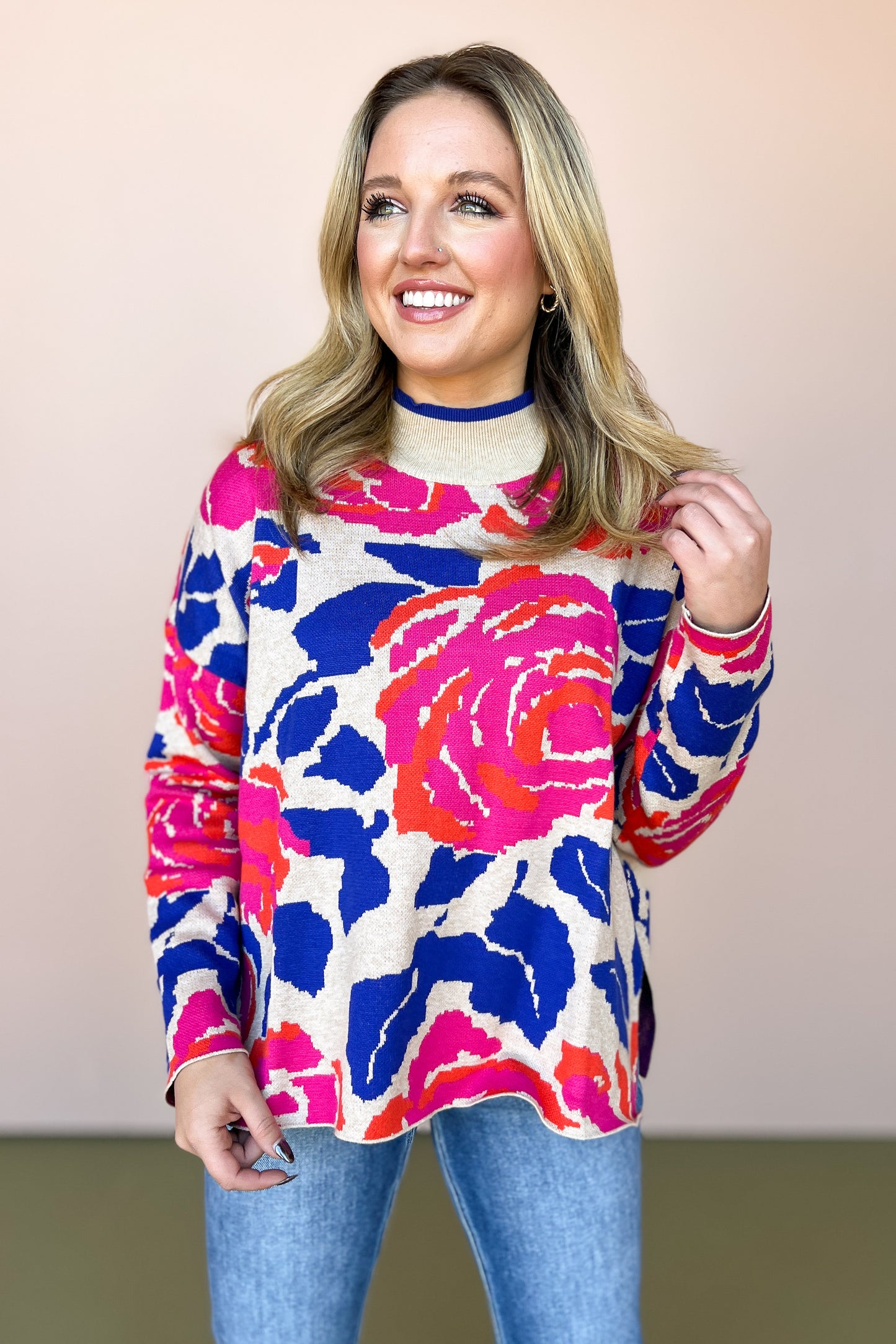 Oatmeal Multi Flower Print Knit Mock Neck Drop Shoulder Side Slit Sweater *FINAL SALE*