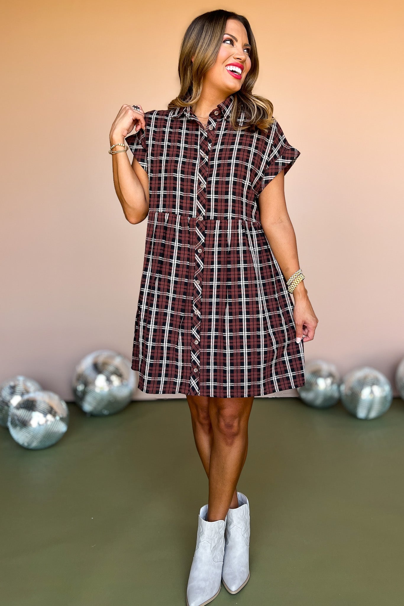 Black Plaid Print Collared Button Down Short Sleeve Dress, plaid dress, must have dress, must have style, brunch style, fall fashion, elevated style, elevated style, mom style, shop style your senses by mallory fitzsimmons, ssys by mallory fitzsimmons