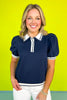 Navy Textured Knit Accented Ribbed Collar Pleated Shoulder Top *FINAL SALE*